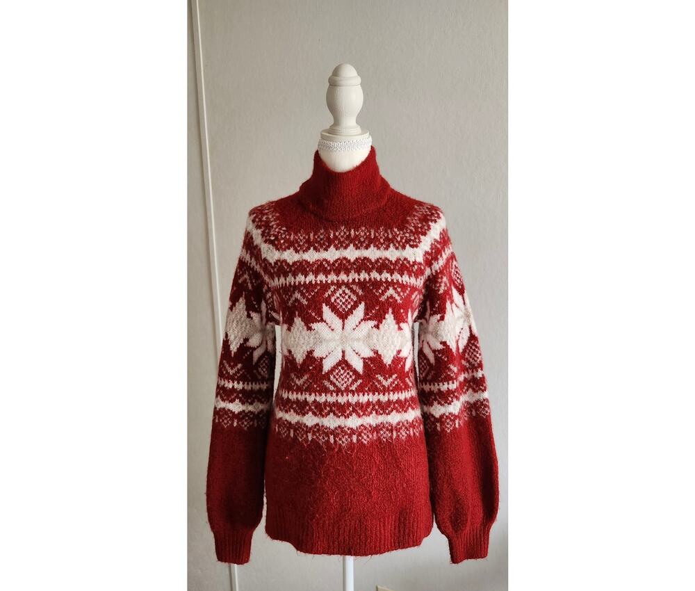 Abercrombie & Fitch Fair Isle Sweater Women's S Red Puff Sleeve Mock Neck